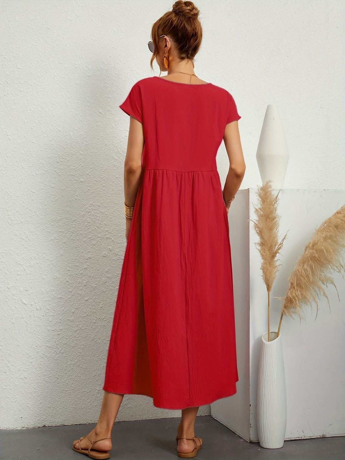Short Sleeve Crew Neck Empire Waist Side Pocket A-Line Midi Dress - View 15