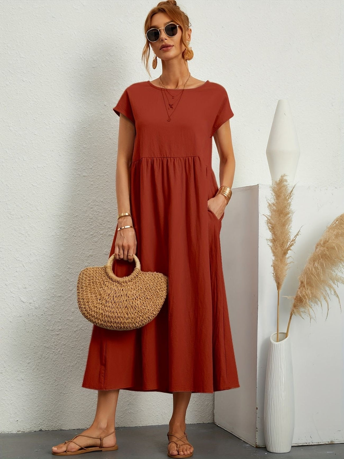 Short Sleeve Crew Neck Empire Waist Side Pocket A-Line Midi Dress - View 8