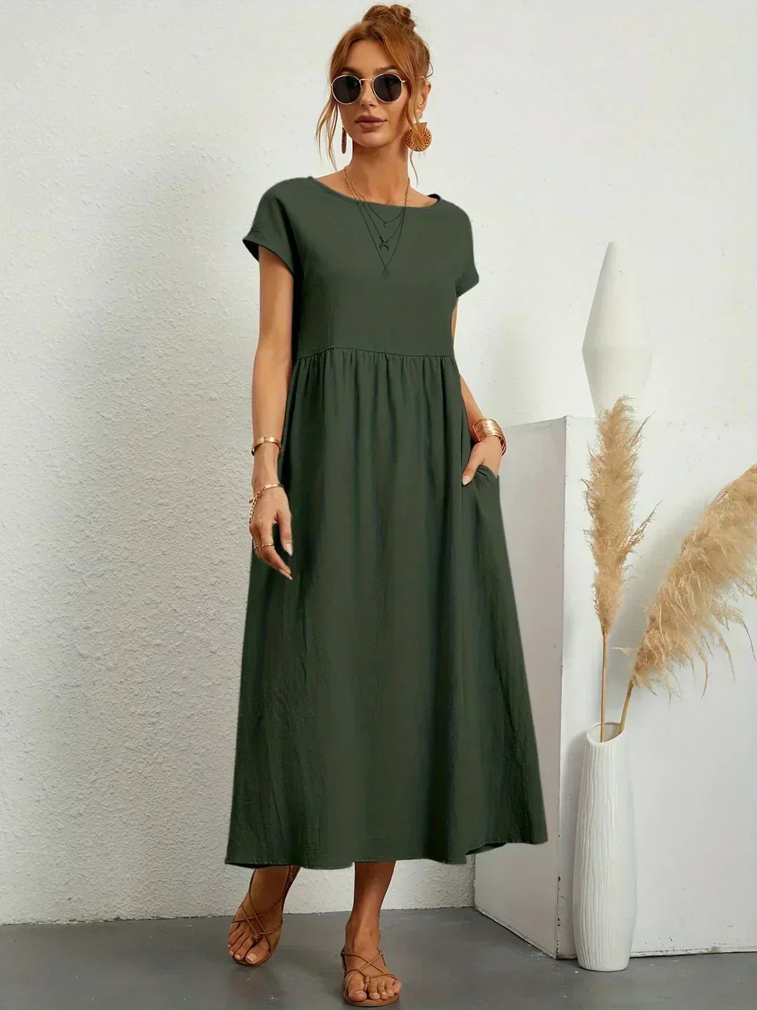 Round Neck Short Sleeve Tiered Midi Dress 6
