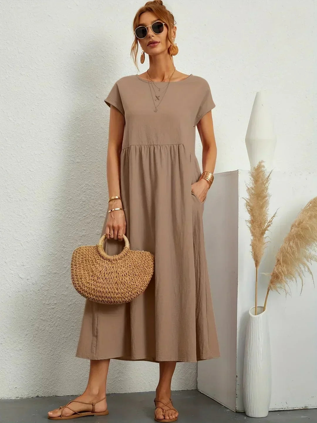 Round Neck Cap Sleeve Babydoll Midi Dress 8