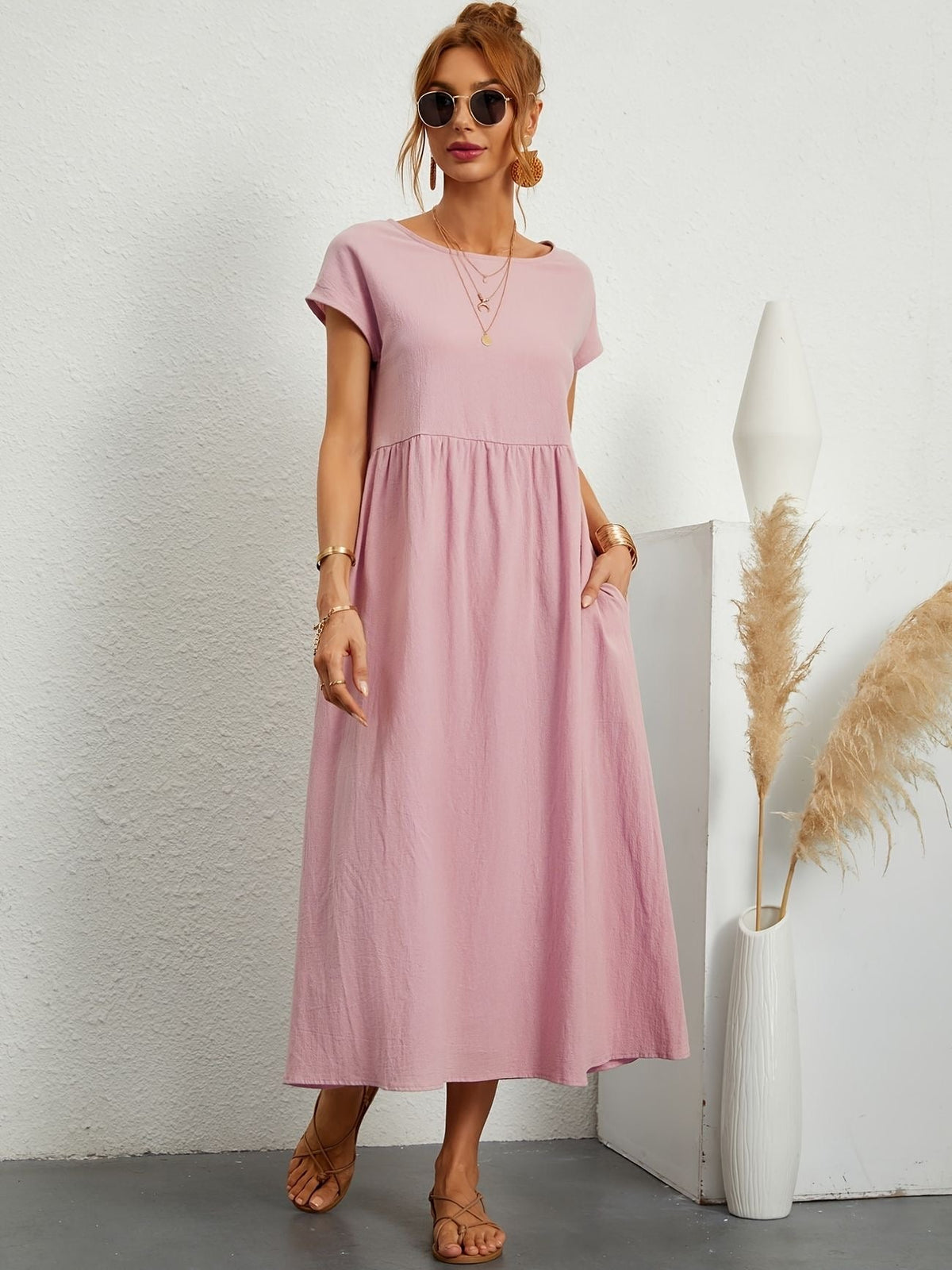 Short Sleeve Crew Neck Empire Waist Side Pocket A-Line Midi Dress - View 7