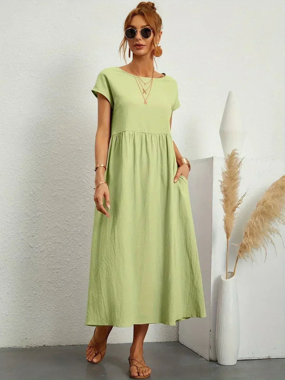 Round Neck Cap Sleeve Babydoll Midi Dress 19