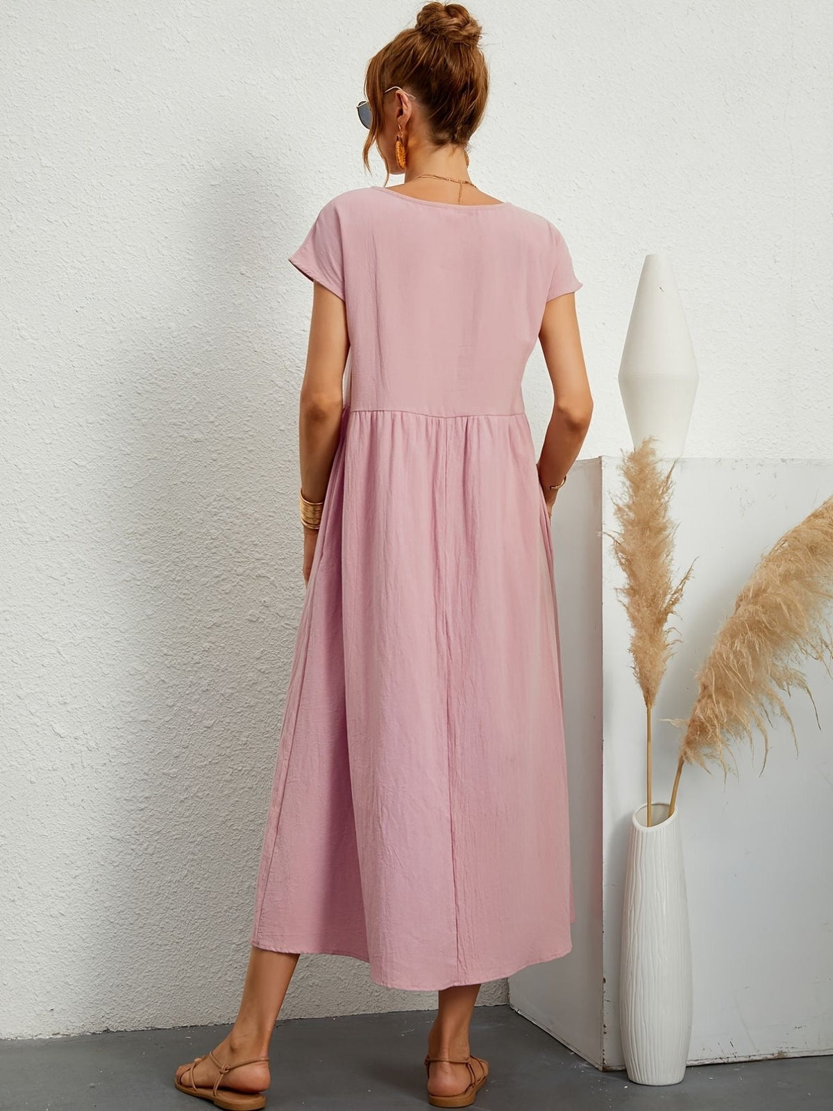 Short Sleeve Crew Neck Empire Waist Side Pocket A-Line Midi Dress - View 14