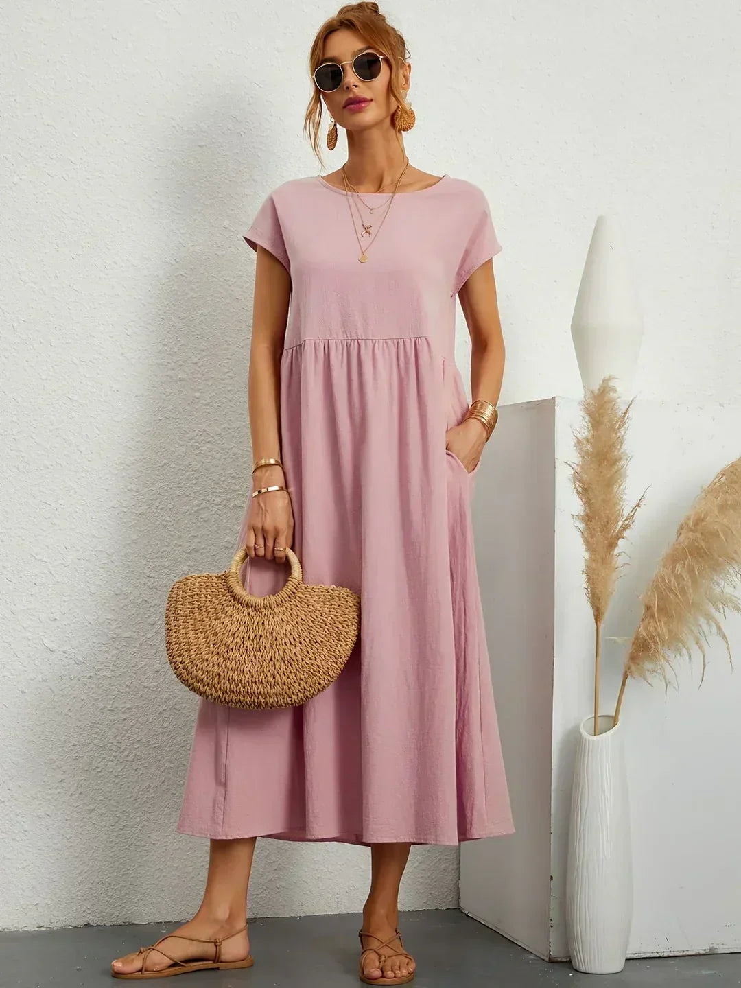 Round Neck Cap Sleeve Babydoll Midi Dress 10