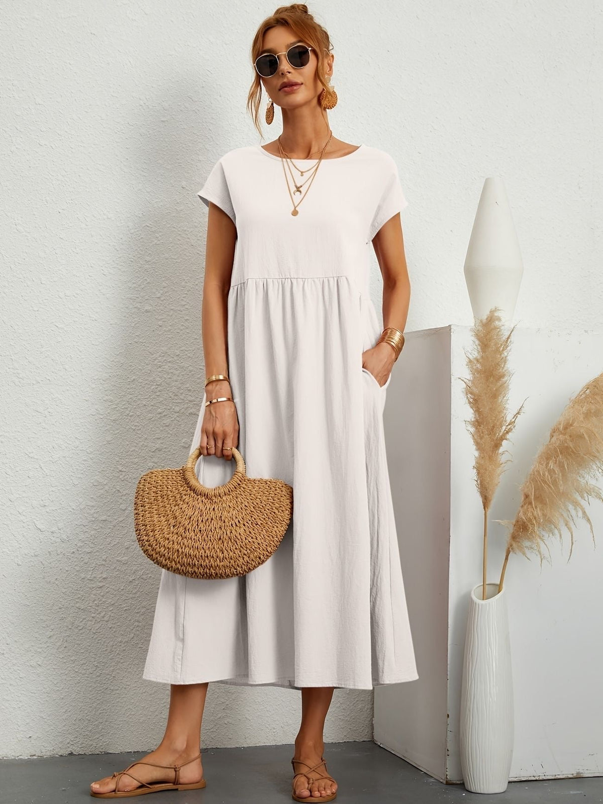 Short Sleeve Crew Neck Empire Waist Side Pocket A-Line Midi Dress - View 3