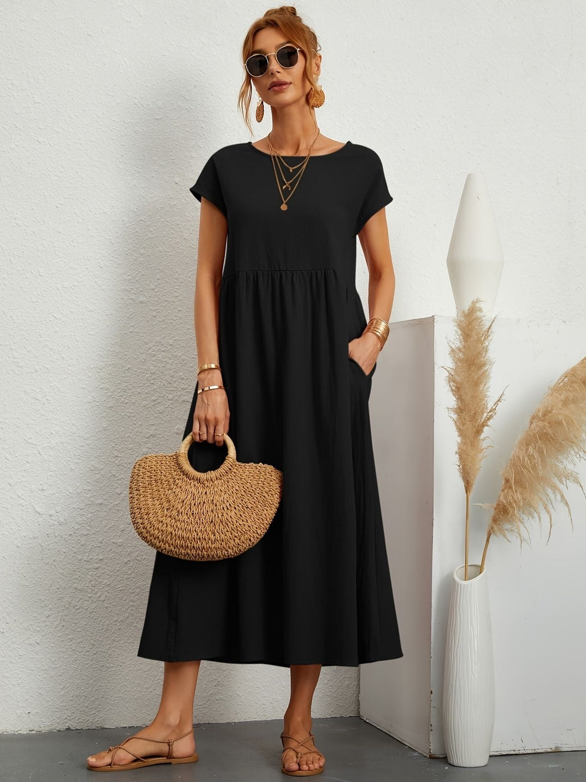 Short Sleeve Crew Neck Empire Waist Side Pocket A-Line Midi Dress - View 4