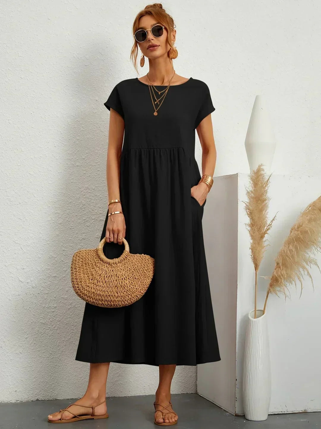 Round Neck Cap Sleeve Babydoll Midi Dress 5