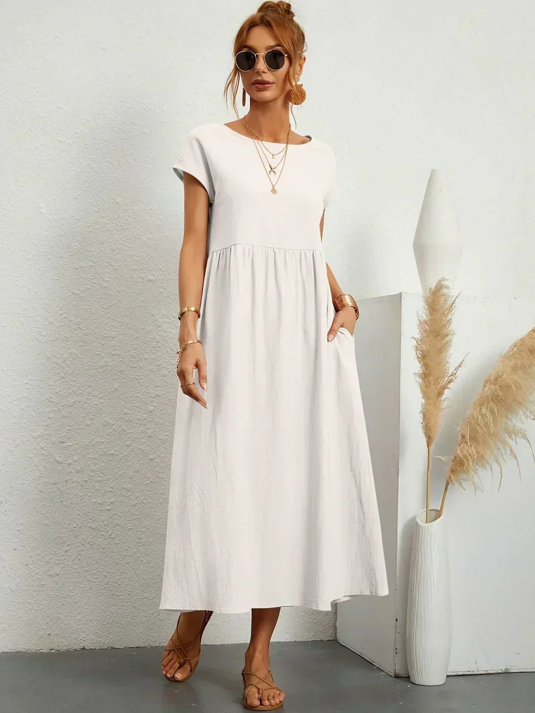 Round Neck Short Sleeve Tiered Midi Dress 2