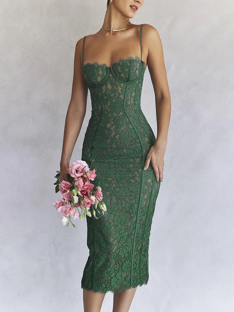 Lace Sweetheart Spaghetti Strap Seamed Corset Bodycon Midi Dress