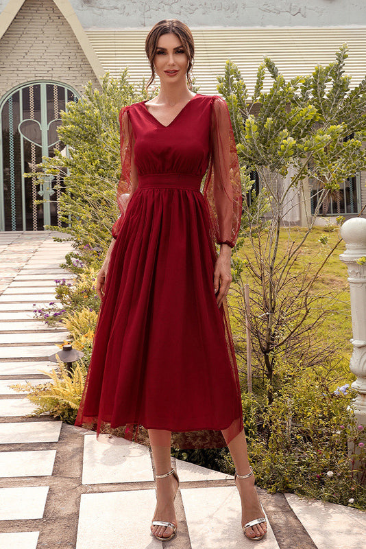 Sheer Mesh V-Neck Long Sleeve A-Line Midi Dress