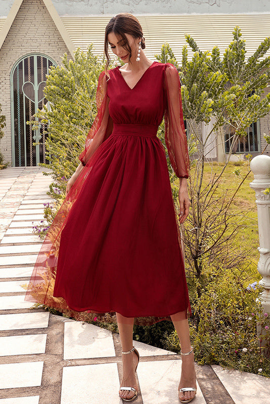 Sheer Mesh V-Neck Long Sleeve A-Line Midi Dress