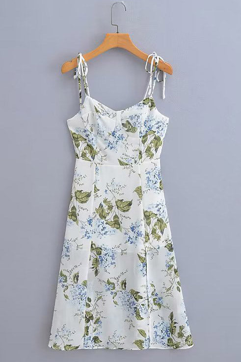 Midi White Print Spaghetti Straps Dress