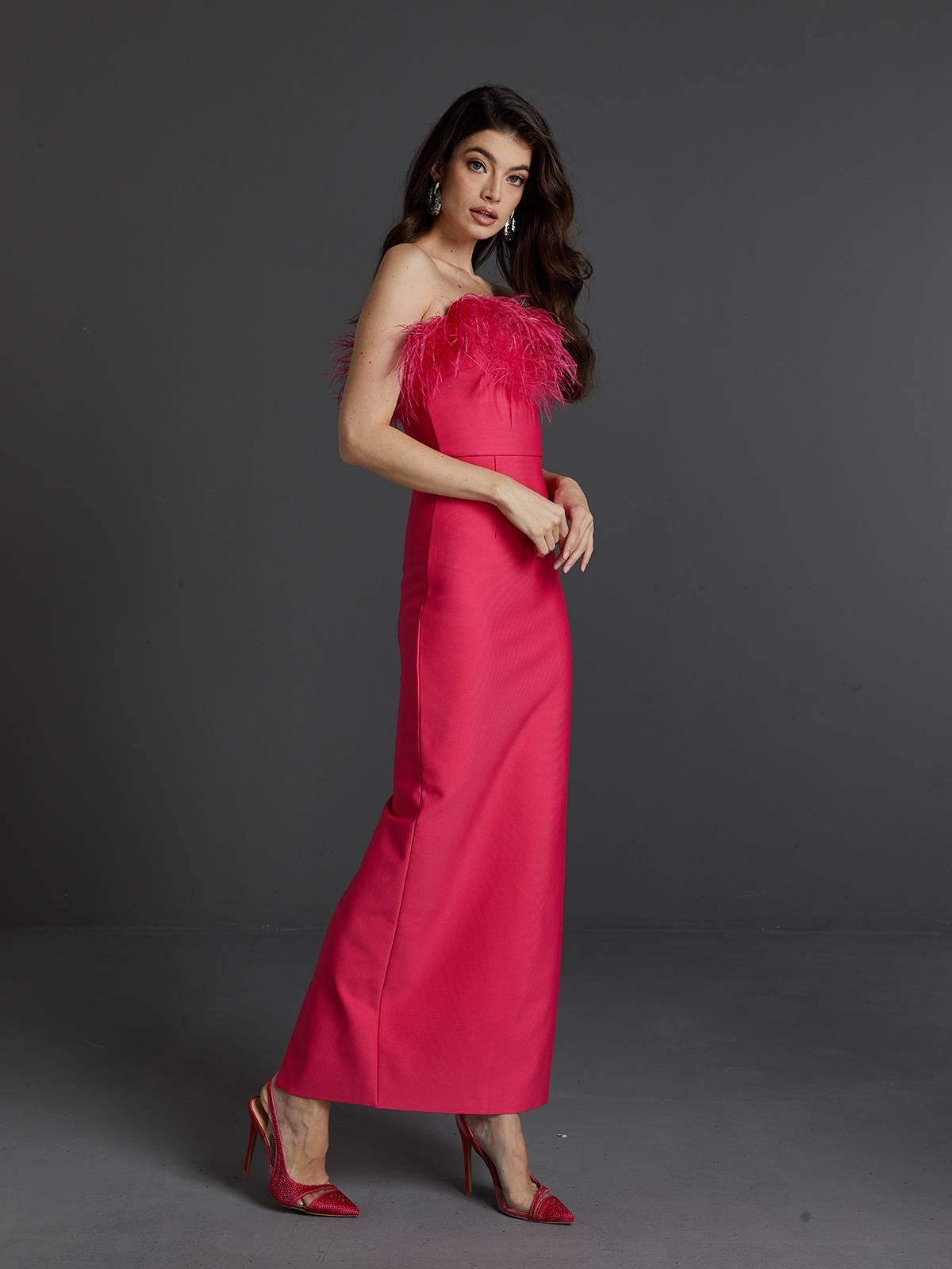 Mina Strapless Feather Trimmed Bandage Dress In Hot Pink