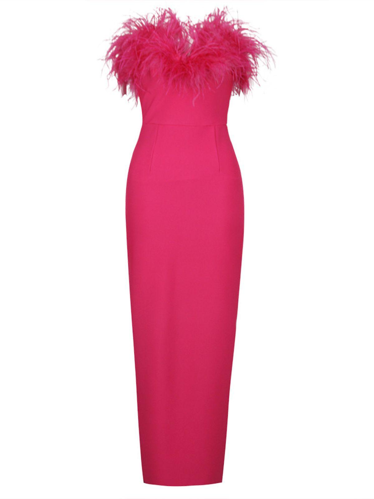 Mina Strapless Feather Trimmed Bandage Dress In Hot Pink