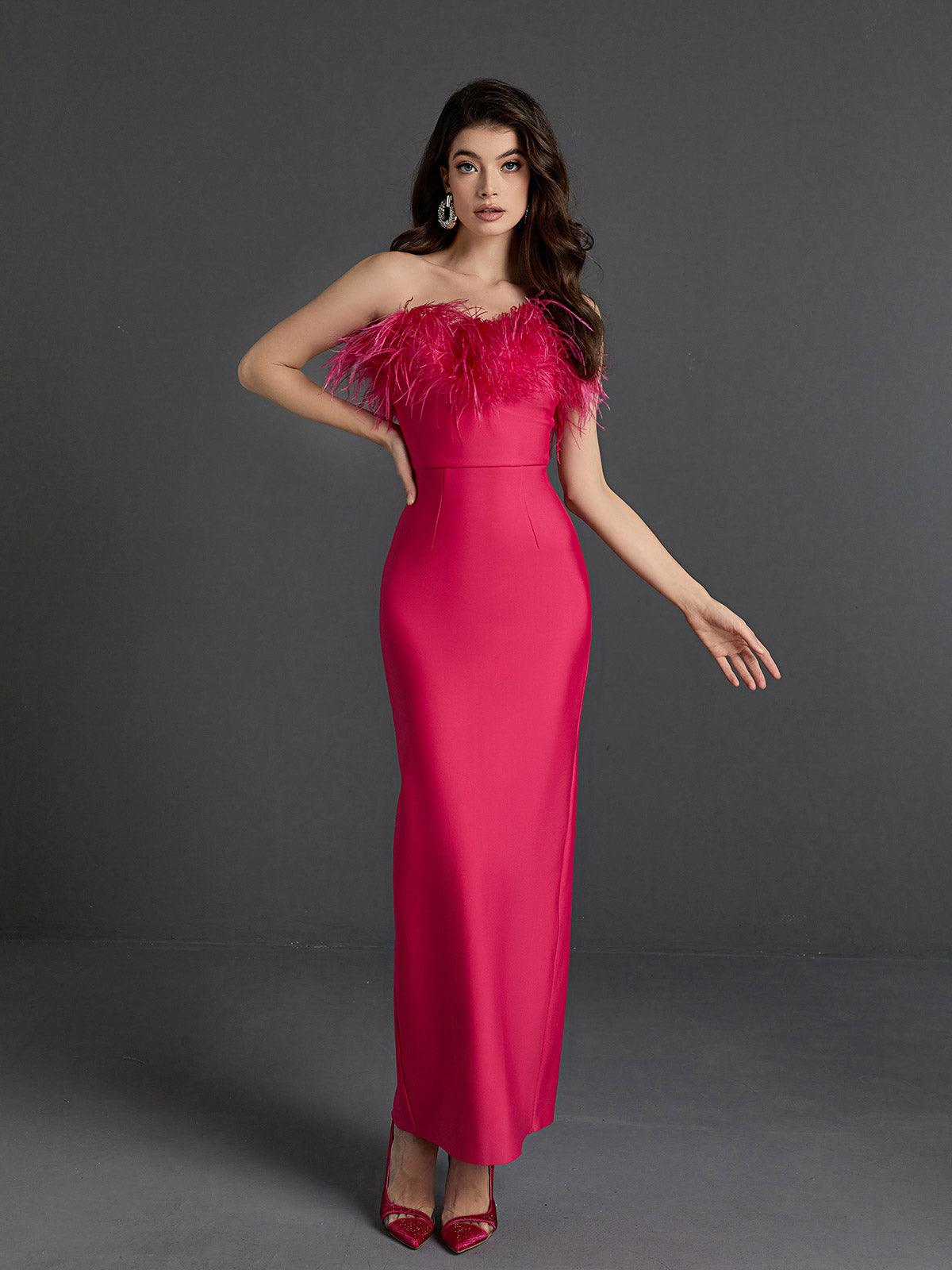 Mina Strapless Feather Trimmed Bandage Dress In Hot Pink