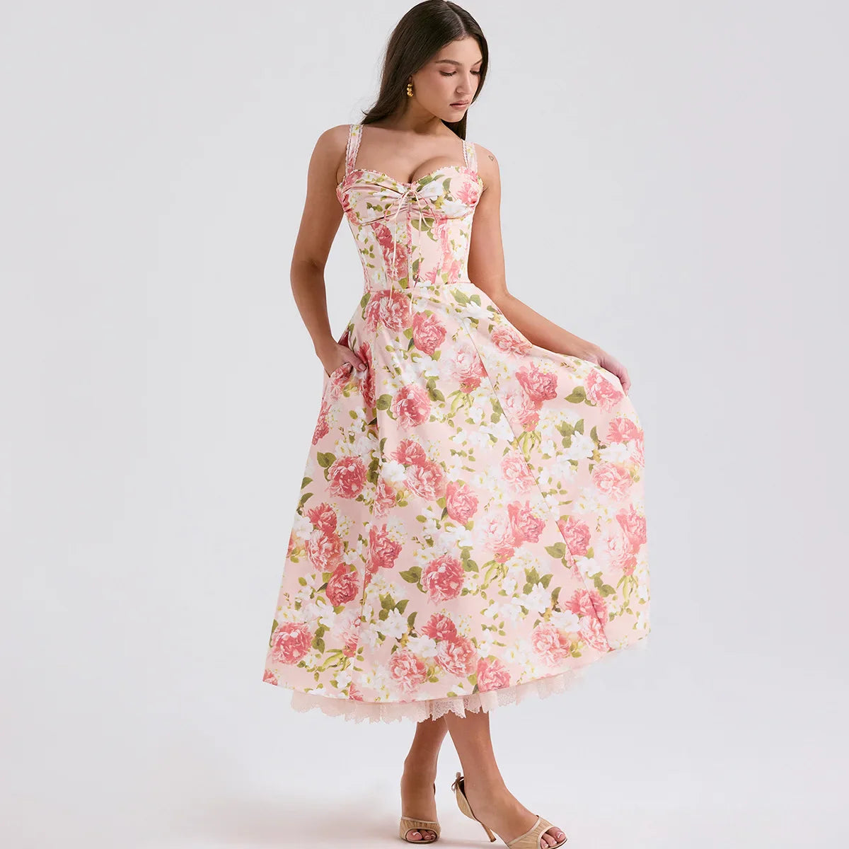 Elegant Floral Print Summer Midi Dress
