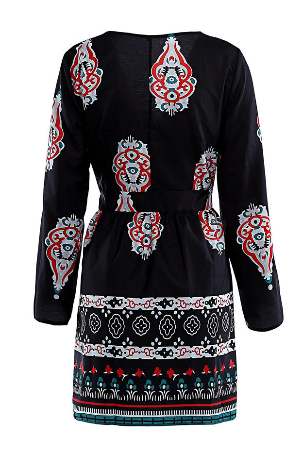 Mini Boho Black Print Long Sleeve Dress