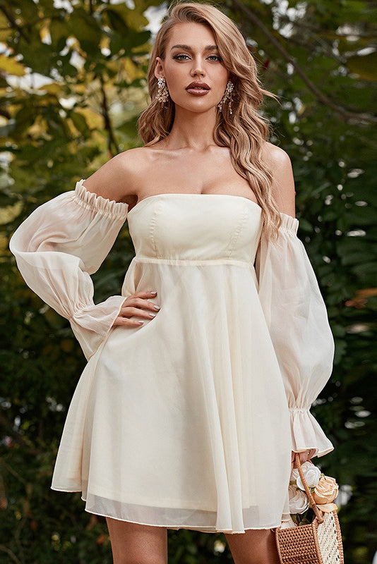 Chiffon Off-Shoulder Puff-Sleeve Babydoll Mini Dress
