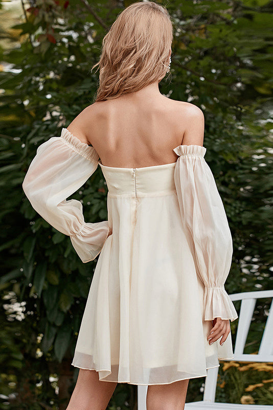 Chiffon Off-Shoulder Puff-Sleeve Babydoll Mini Dress