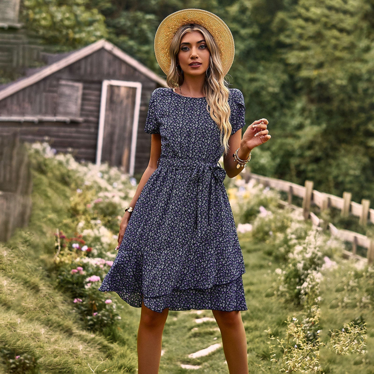 Floral Round Neck Short Sleeve Tiered Belted A-Line Mini Dress