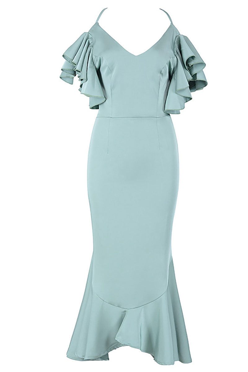 Green Cross Back Mermaid V-neck Prom Dress