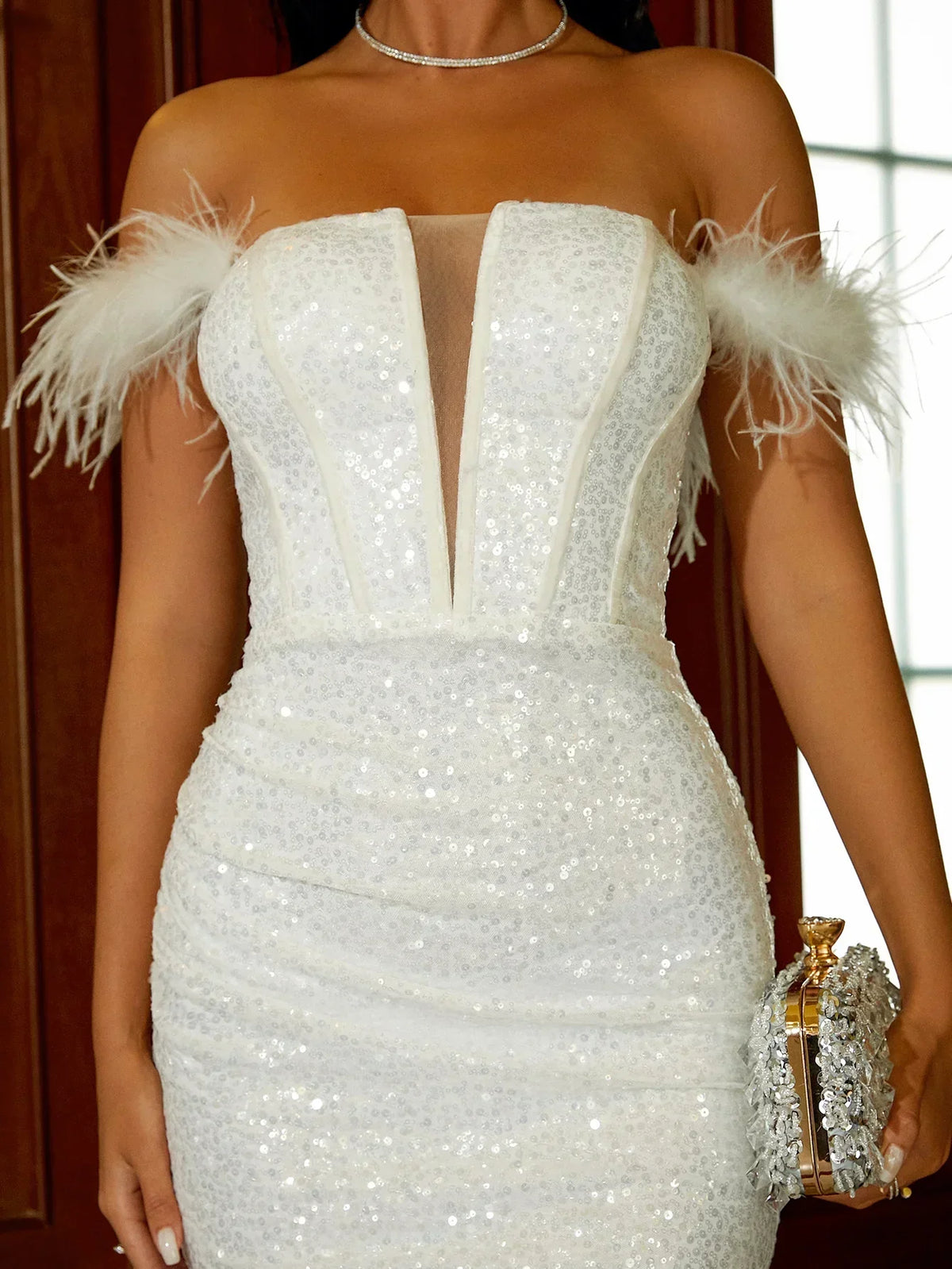 Sequin Strapless Feather Trim Bodycon Mini Dress