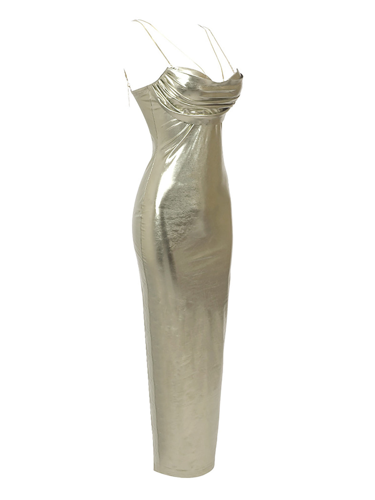 Metallic Cowl Neck Spaghetti Strap Bodycon Midi Dress - View 7