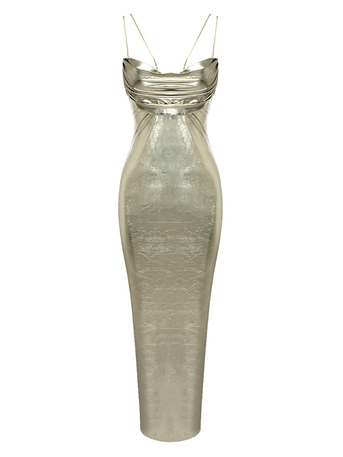 Metallic Cowl Neck Spaghetti Strap Bodycon Midi Dress - View 6