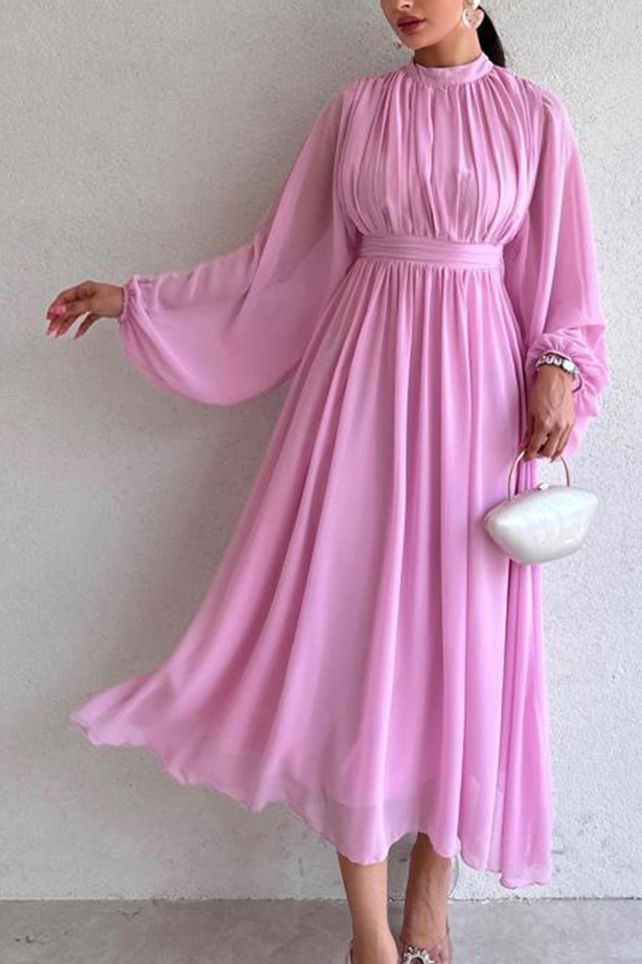 Mock Neck High Waist Pleated Maxi Dress