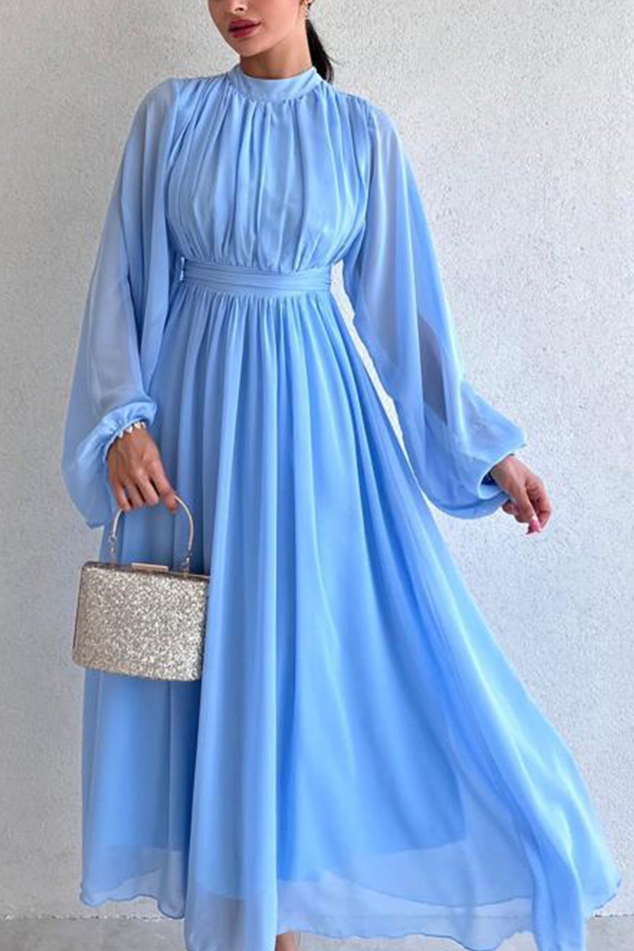 Mock Neck High Waist Pleated Maxi Dress
