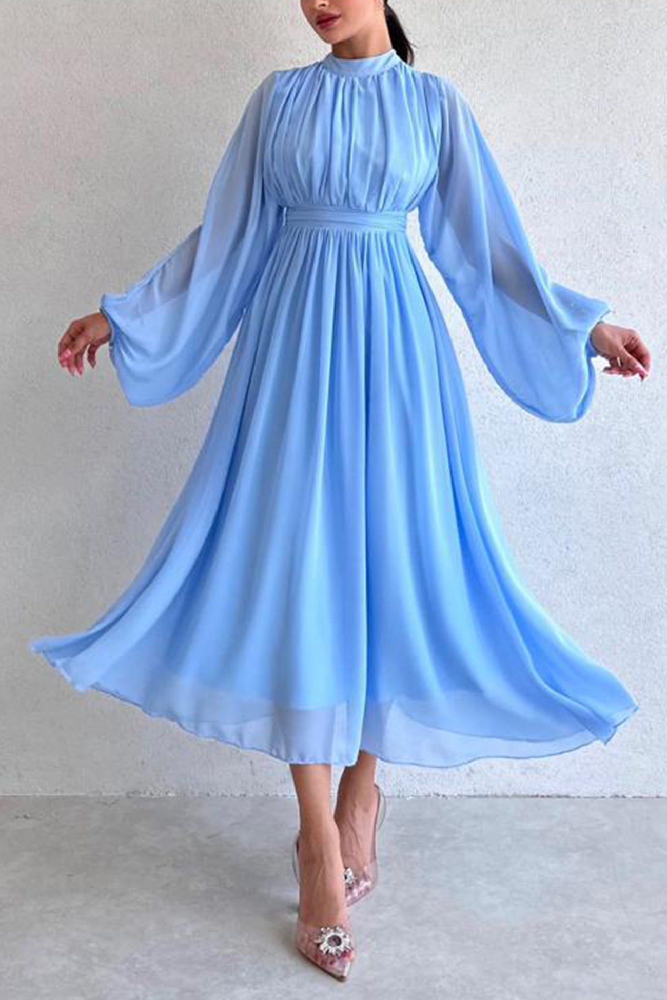 Mock Neck High Waist Pleated Maxi Dress