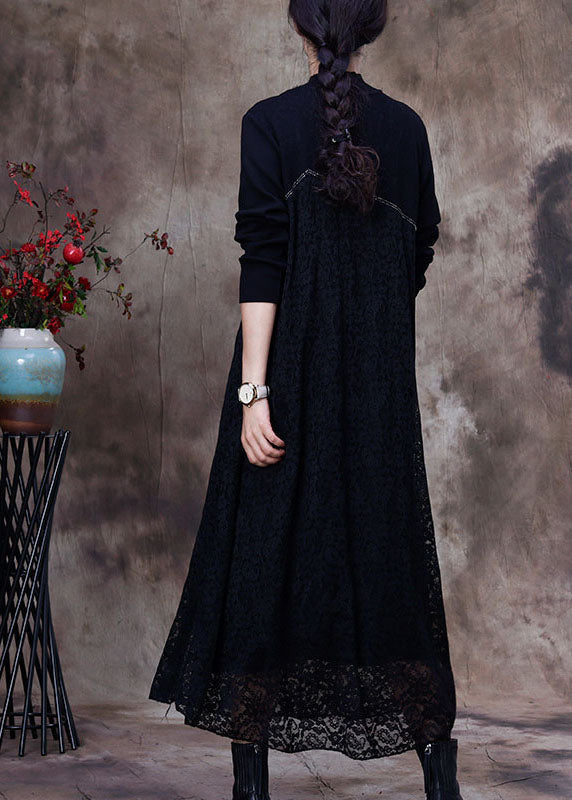 Mock Neck Long Sleeve Lace Overlay Diagonal Panel Patchwork Maxi Dress - View 4