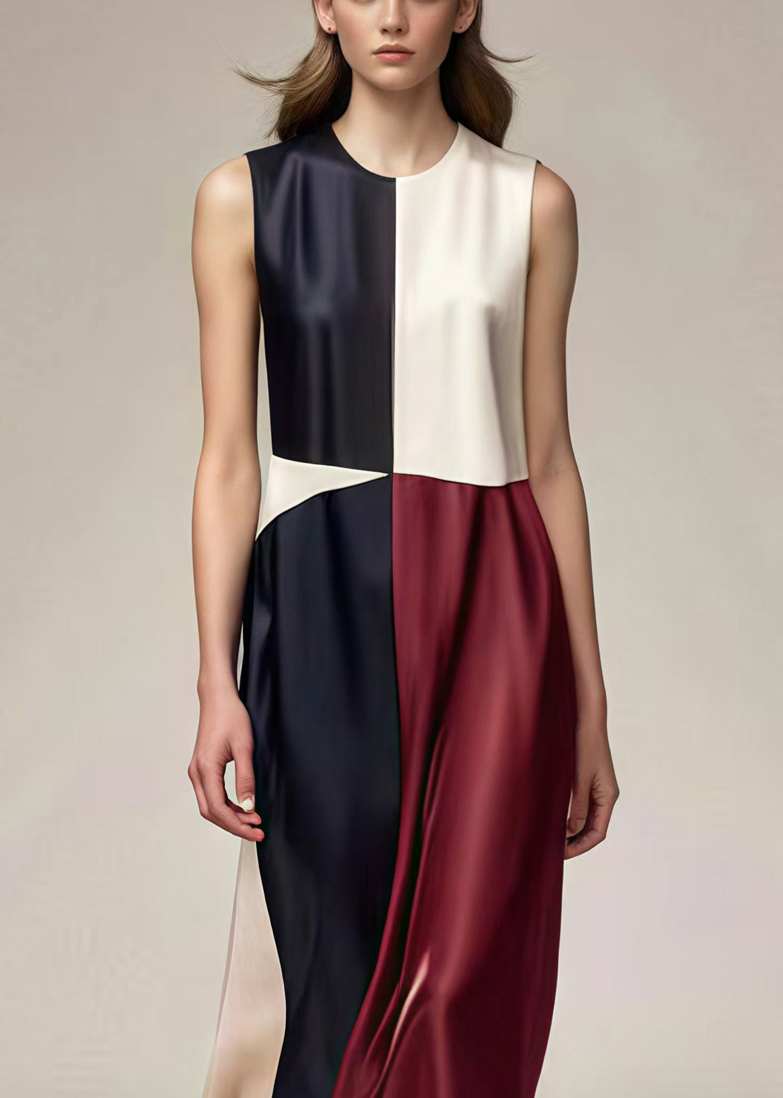 Round Neck Sleeveless Colorblock Satin Midi Dress - View 3