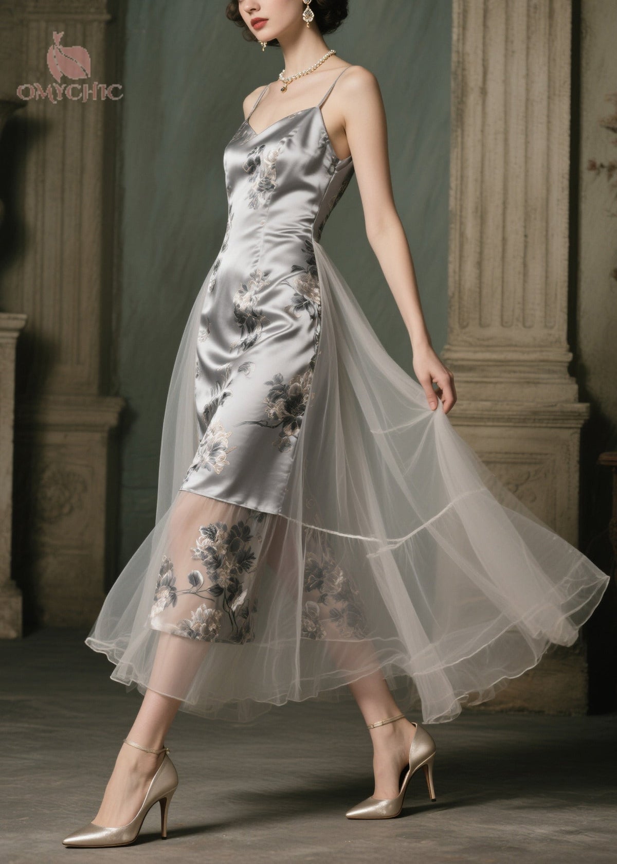 Satin Floral Print Spaghetti Strap Tulle Overlay Tiered Midi Dress
