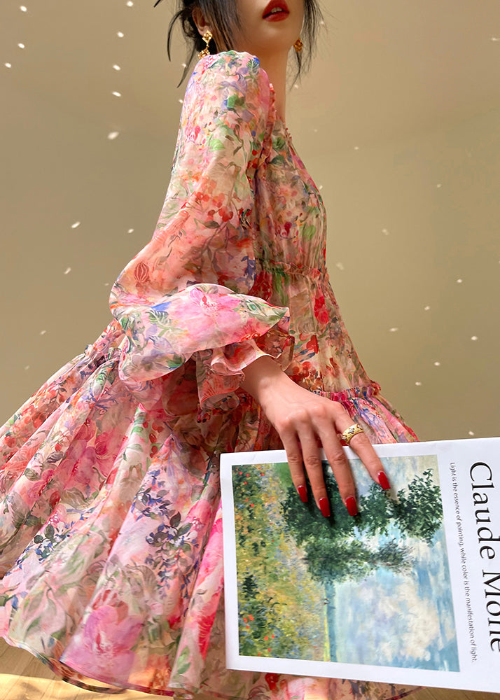 Floral Print Organza Square Neck Bishop Sleeve Tiered Mini Dress