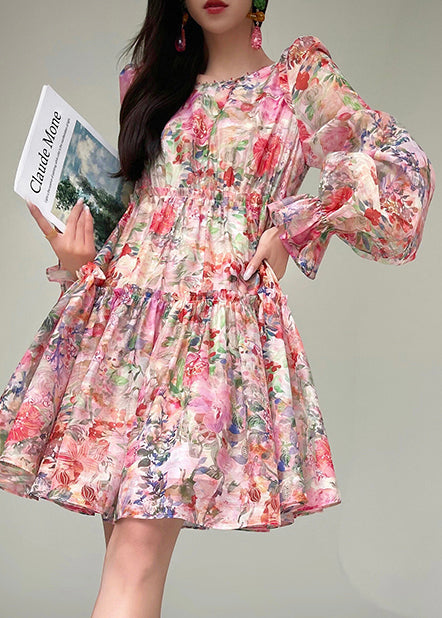 Floral Print Organza Square Neck Bishop Sleeve Tiered Mini Dress - View 2