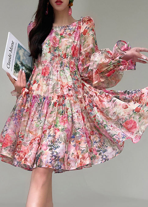 Floral Print Organza Square Neck Bishop Sleeve Tiered Mini Dress - View 3