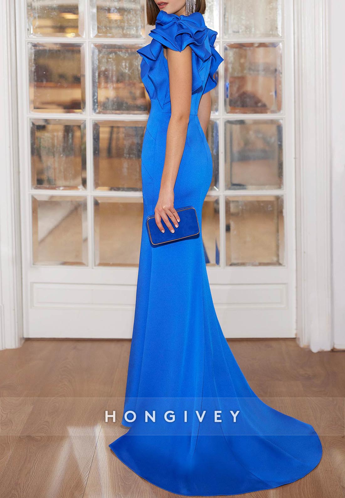 Trumpet Floor-Length Evening Gown V Neck Pleated Flounced Sleeve Mother of the Bride