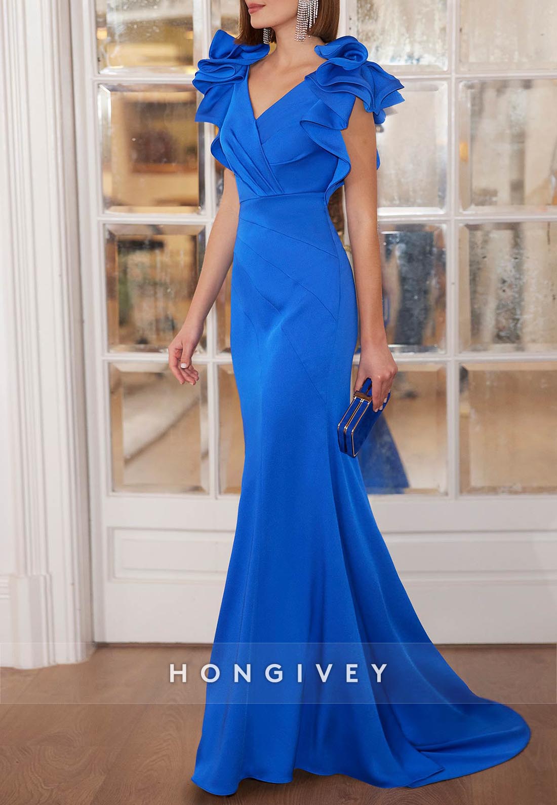 Trumpet Floor-Length Evening Gown V Neck Pleated Flounced Sleeve Mother of the Bride