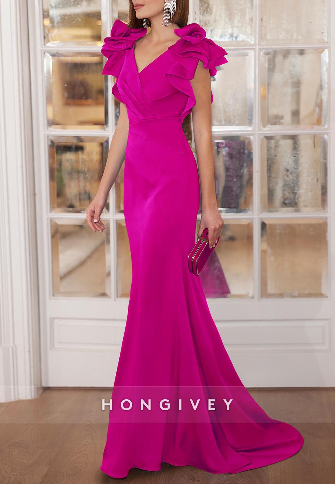 Trumpet Floor-Length Evening Gown V Neck Pleated Flounced Sleeve Mother of the Bride