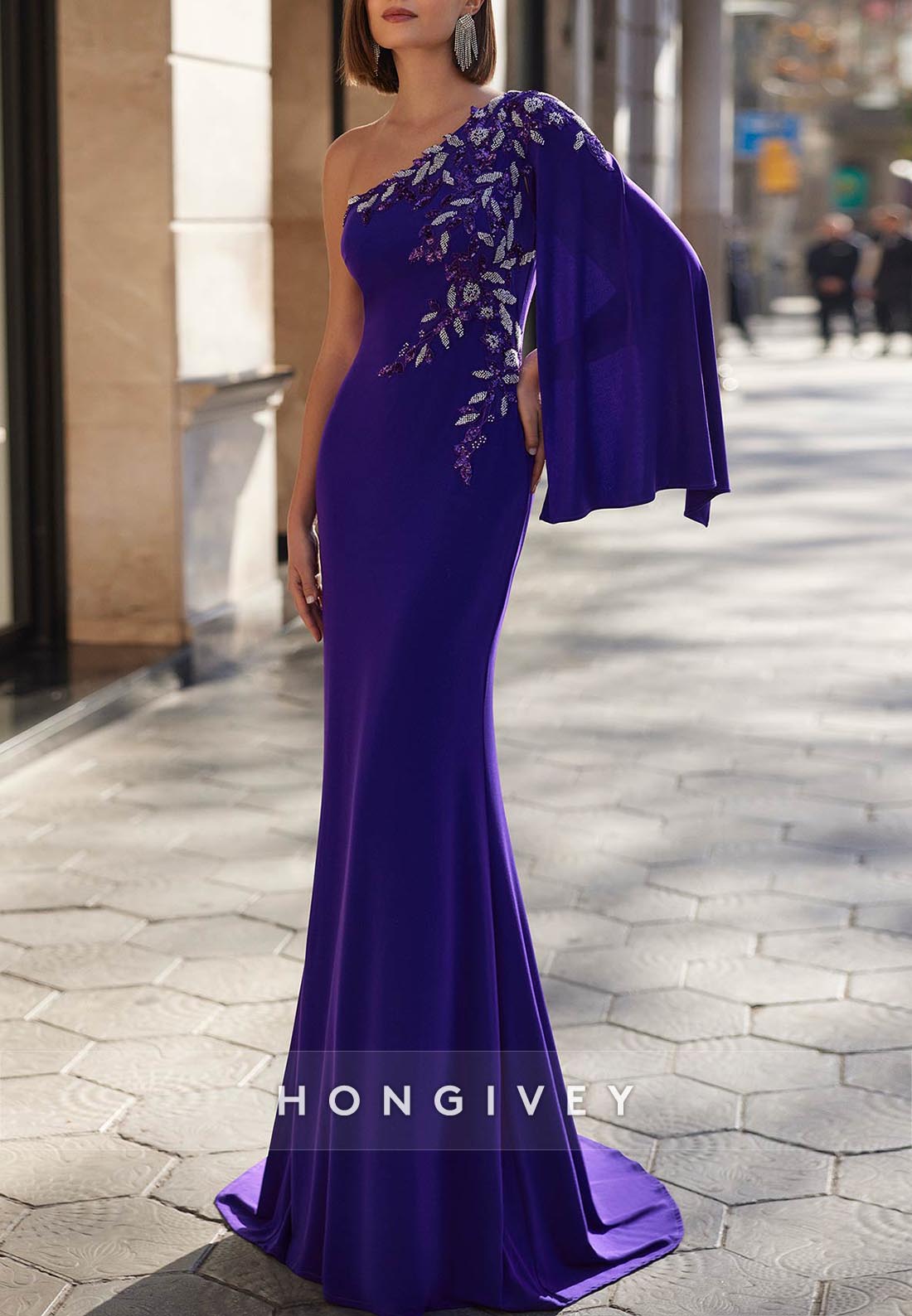 Long Evening Dress Stretch Crêpe Beadwork Bateau Neckline Shawl Trumpet