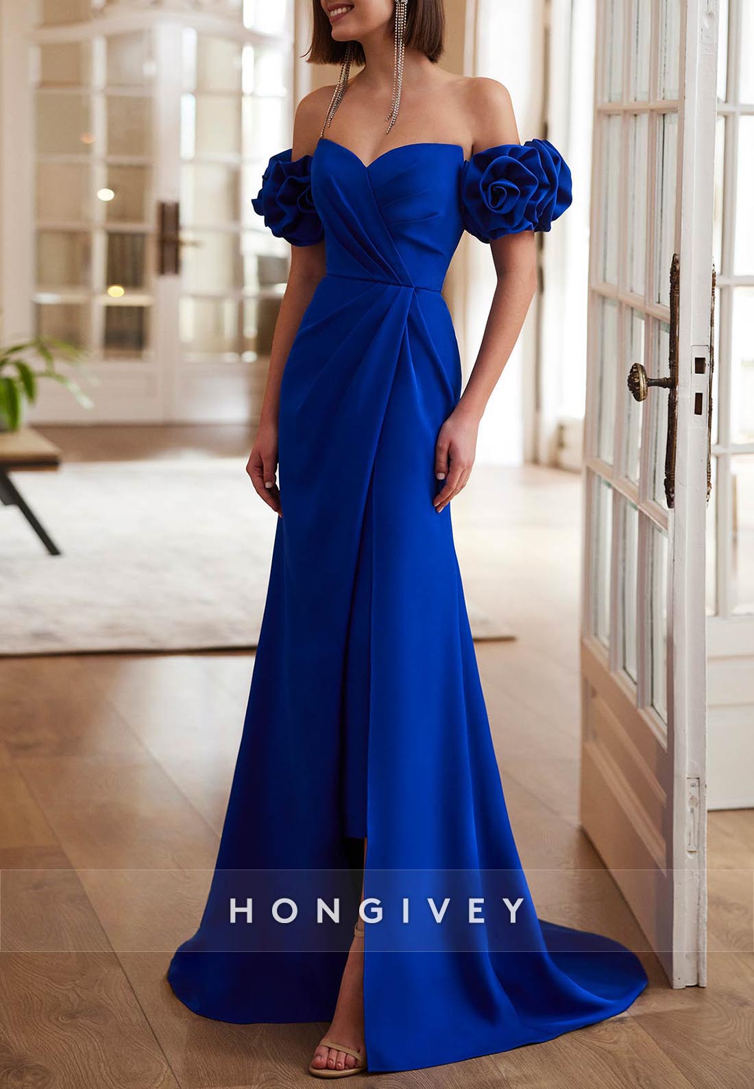 Evening Gown Column Sweep Mother of Bride Train Sweetheart Satin Flowers Sleeves Pleated
