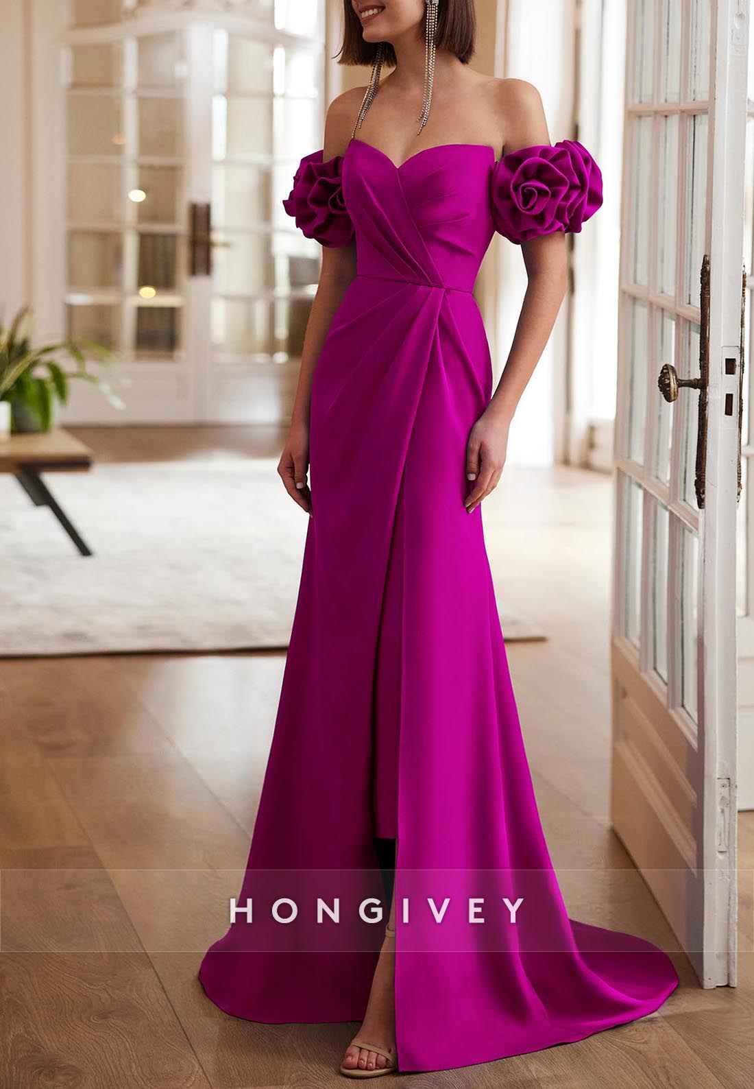 Evening Gown Column Sweep Mother of Bride Train Sweetheart Satin Flowers Sleeves Pleated