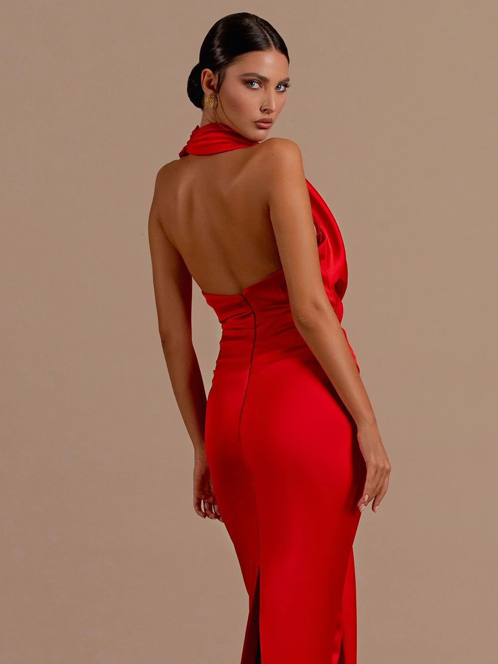 Satin Cowl Neck Halter Ruched Mermaid Gown