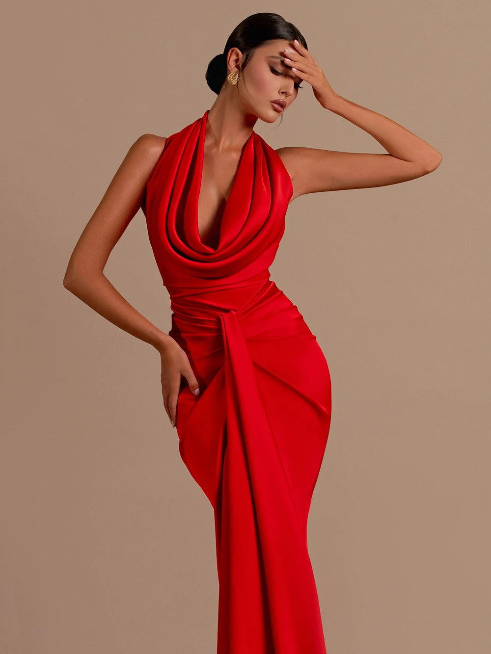 Satin Cowl Neck Halter Ruched Mermaid Gown