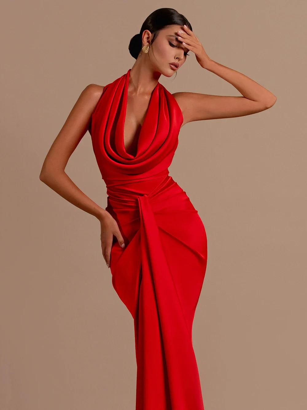 Sexy Backless Sleeveless Halter V-Neck Red Draped Maxi Bodycon Elegant Christmas Party Dress - Fashionpara