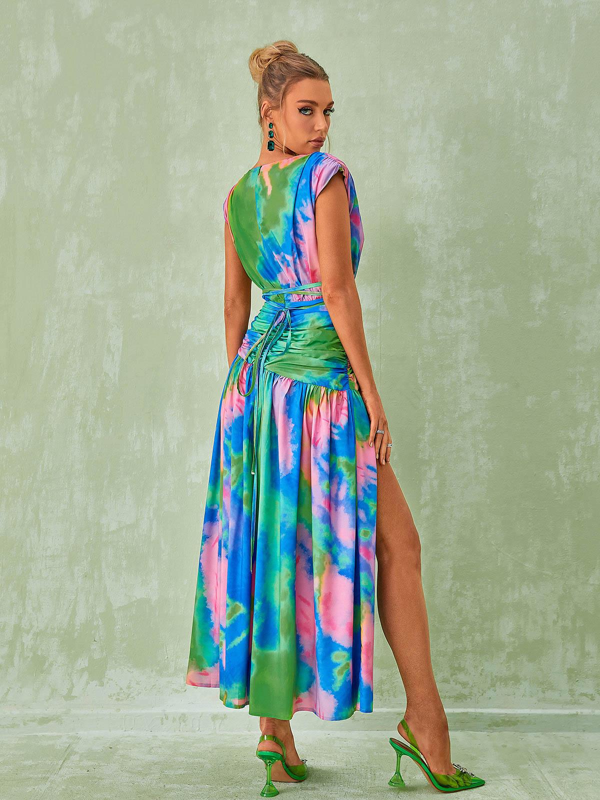 Monique Plunge Neck Split Printed Dress