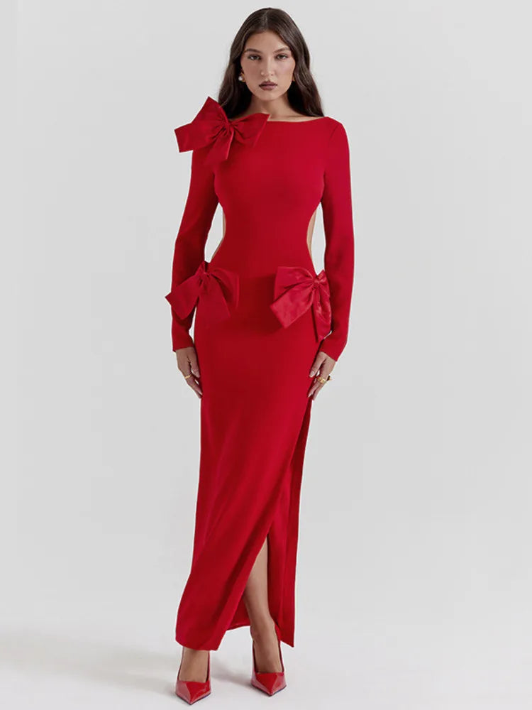 Elegant Bow Backless Maxi Christmas Party Dress - Fashionpara