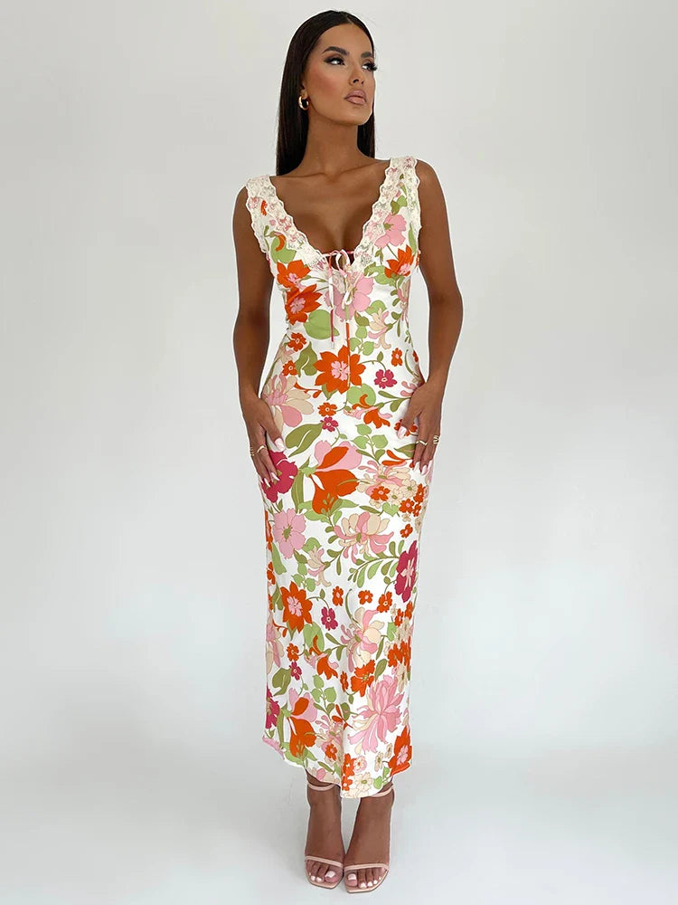 Floral Print Backless V-neck Bodycon Maxi Floral Dress