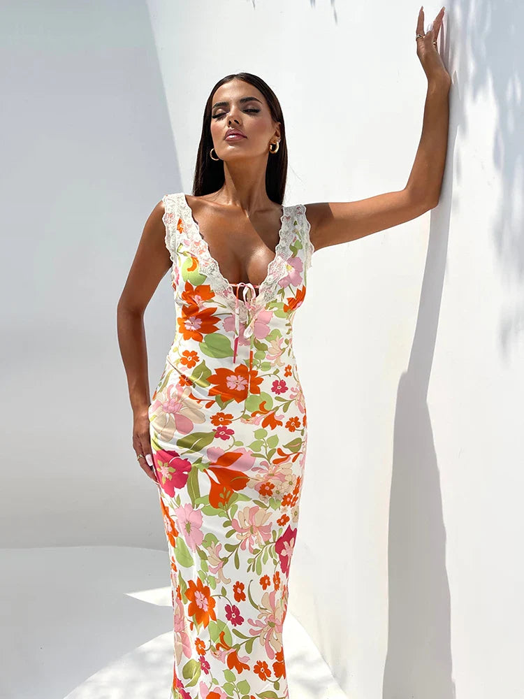 Floral Print Backless V-neck Bodycon Maxi Floral Dress